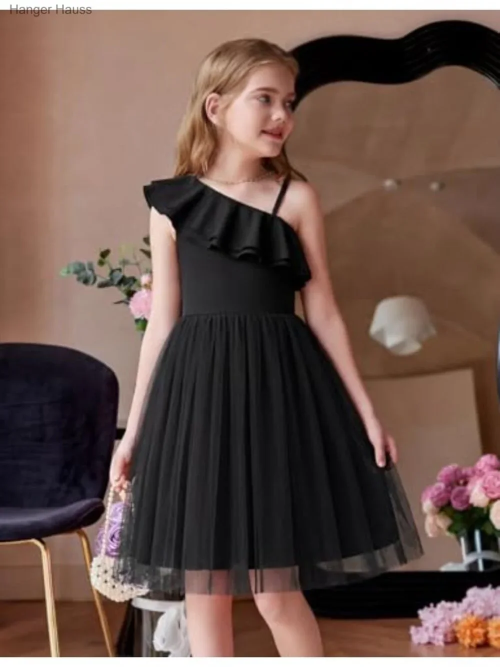 Girls Ruffle Trim Off Shoulder Formal Wedding Party Fancy Summer Tulle Dress